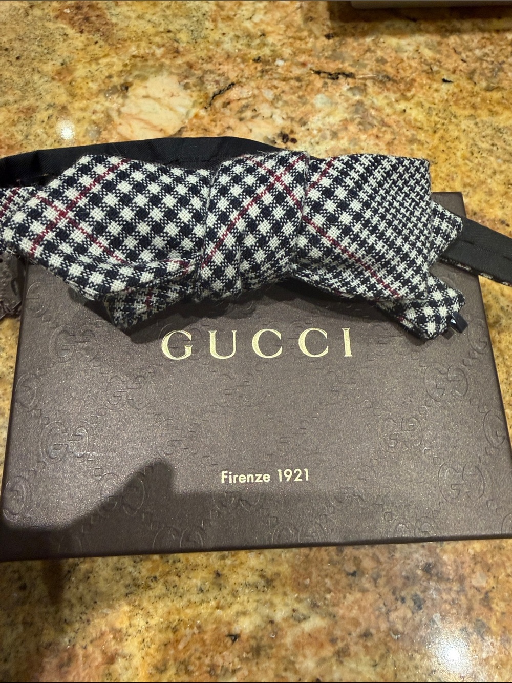 Gucci Black & White Houndstooth Bow Tie with Red Accents